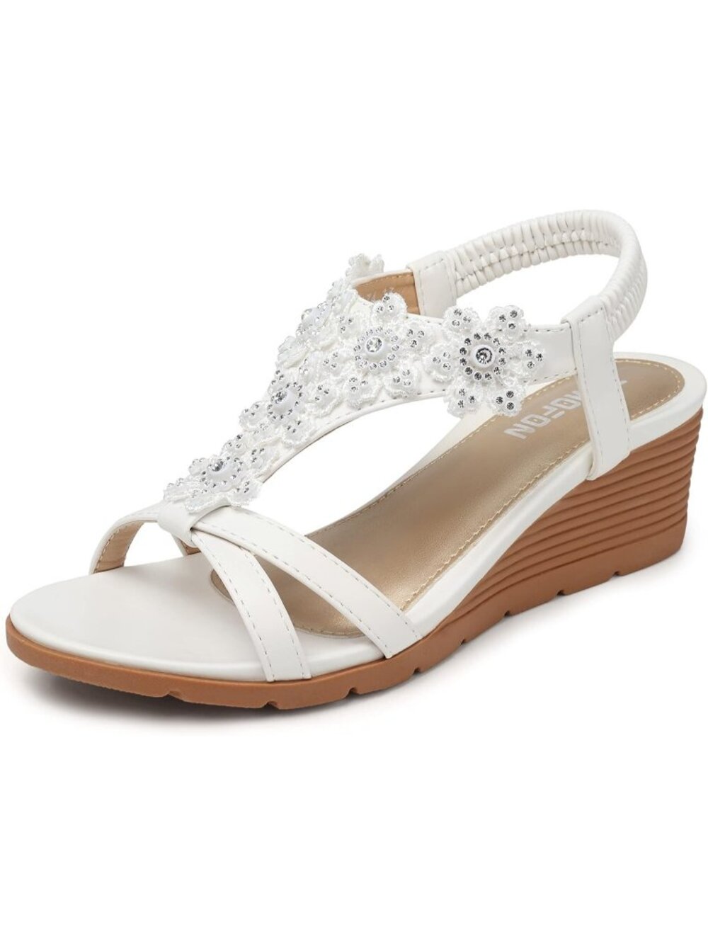 Women's White Elastic Open Toe Flower Low Wedge Heels Platform Sandal Shoes
